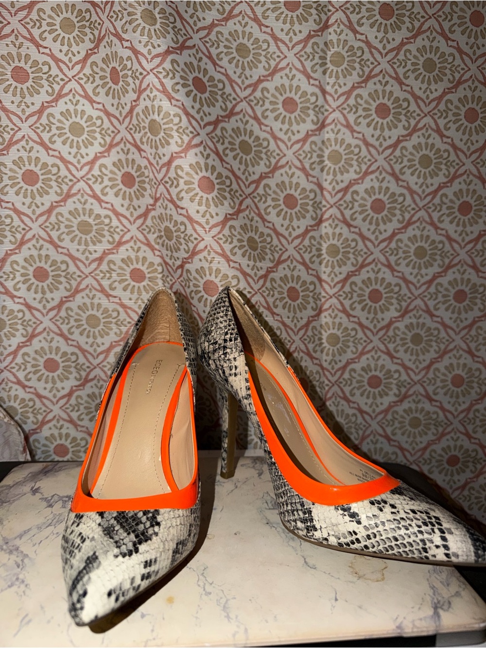 BCBGeneration Snake-Print Pointed Pumps with Neon Orange Trim